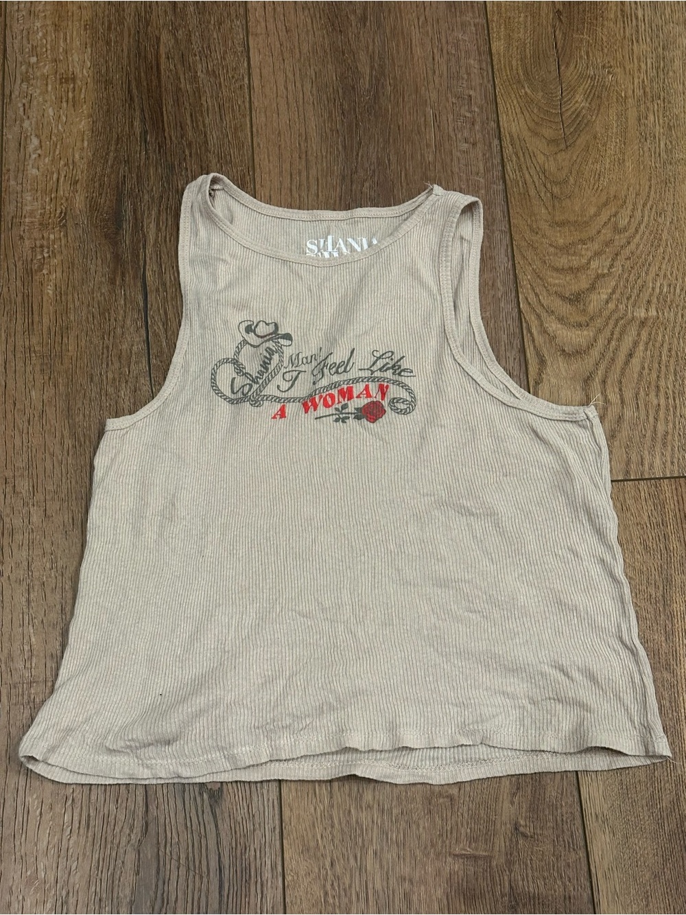 SHANY Beige Ribbed Tank Top with Script Graphic